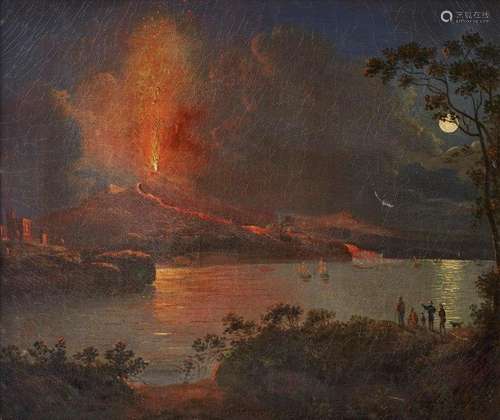 Neapolitan School, early 19th century- The Bay of Naples with Vesuvius erupting at night; oil on