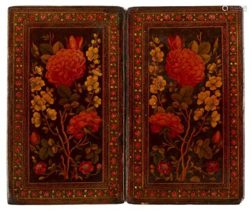A pair of Qajar lacquered papier mache book bindings, Iran, early 19th century, each of