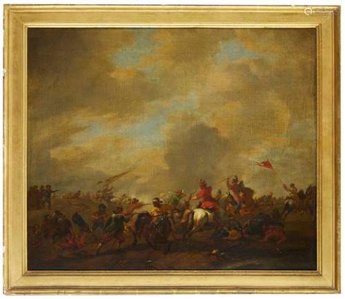 After Philips Wouwerman, Flemish 1619-1668- Battle scene between Orientals and Europeans; oil on