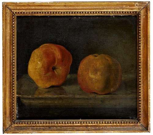 French School, early 19th century- Two peaches on a ledge; oil on panel, 25.5x30.5cmIn a gilded