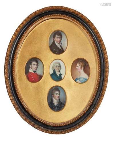 British School, early-mid 19th century- A collection of five portrait miniatures in a shared