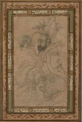 A Qajar portrait of a prisoner with his head pilloried in the branches of a tree, Iran, 19th