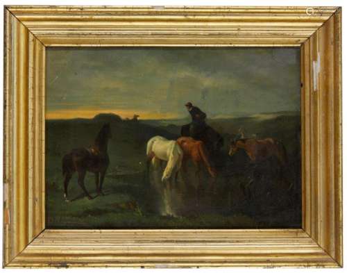 Follower of Évariste Vital Luminais, French 1822-1896- Watering horses at a moorland pond; oil on