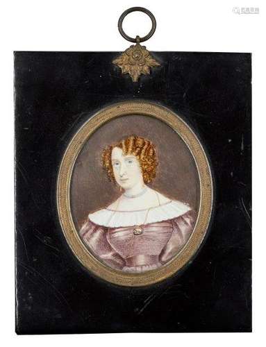 Manner of John Hoskins, A portrait miniature of a lady, quarter-length in a mauve coloured dress