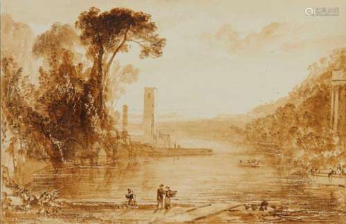 British School, early 19th century- Lakeside scene with figures; ink and brown wash on paper, signed