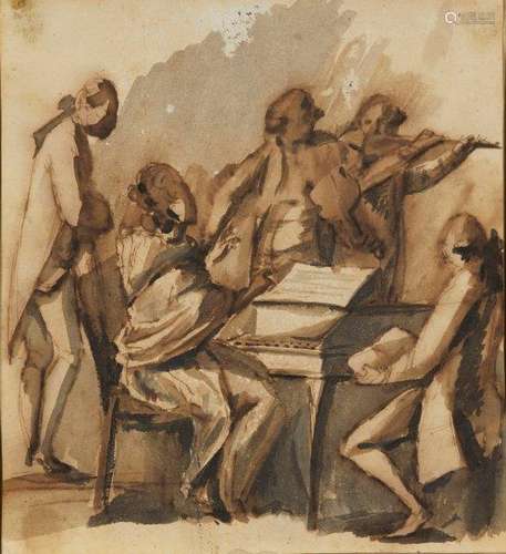 Follower of Gabriel de Saint-Aubin, French 1724-1780- Musicians gathered round a harpsicord; pen and