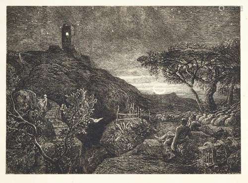 After Samuel Palmer RWS, British 1805-1881- The Lonely Tower, 1962 reprint; etching on cream wove,