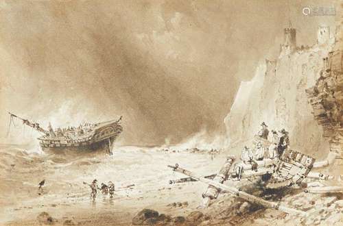 William Henry Bartlett, British 1809-1854- Wreck in Kingsgate Bay, Isle of Thanet, Kent; pen and