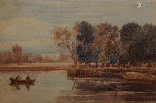 Attributed to John I Varley, British 1778-1842- Men in a row boat, Syon Park; watercolour over