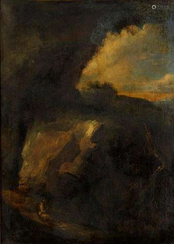 Manner of Salvator Rosa, mid to late 18th century- Hermit on a mountain landscape during a storm;