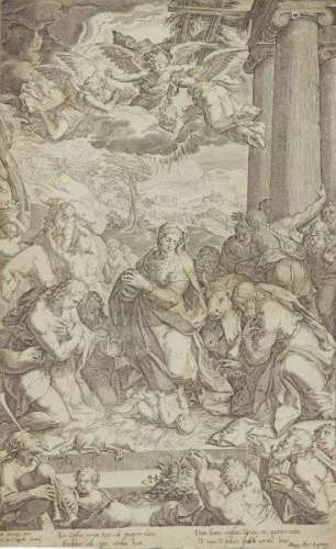 Cornelis Cort, Dutch 1533-1578- The Adoration of the Shepherds, after Marco Pino, [Luke 2:15-20],