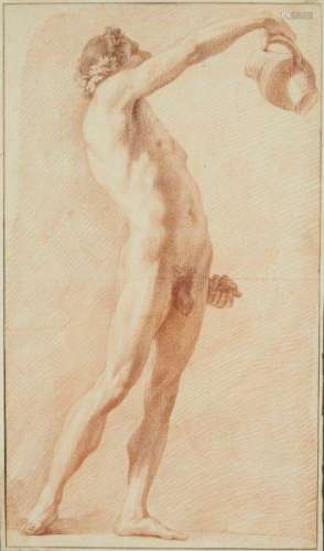 Circle of Edmé Bouchardon, French 1698-1762- A male nude holding a jug; red chalk on laid paper,