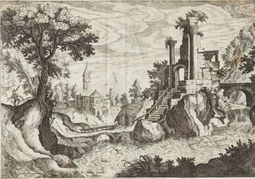 Giovanni Maggi, Italian 1566-1618- Paesaggio fluviale con ponte e rovine; engraving on laid,
