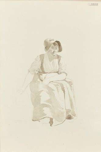 Johannes Christian Schotel, Dutch 1787-1838- Seated woman with a basket; pen and wash over traces of