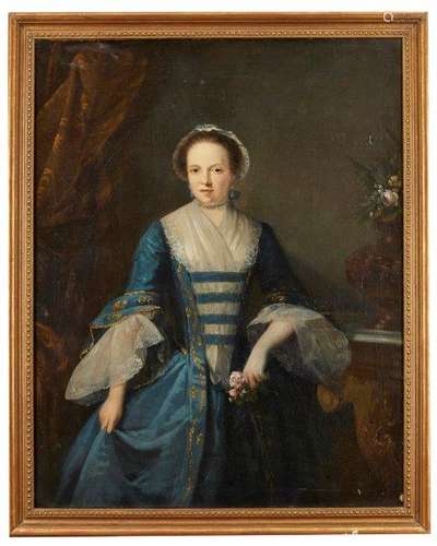 John Giles Eccardt, German/British 1720-1779- Portrait of a lady in a blue dress, three quarter