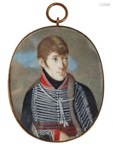 British School, early 19th century- Portrait of a young Hussar officer, half-length turned to the