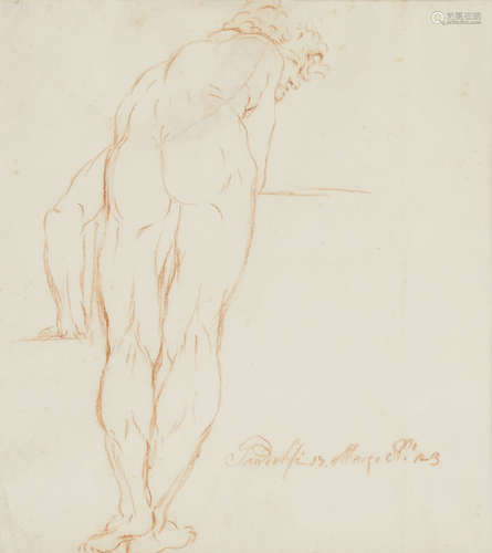 Circle of Mauro Gandolfi, Italian 1764-1834- Study of a male nude; red chalk on laid paper, bears