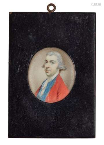 Circle of Nathaniel Hone, British 1718-1784- Portrait miniature of a gentleman, quarter-length