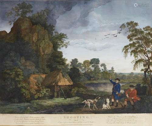 William Woollett, British 1735-1785- Shooting, plates I-IV, after George Stubbs ARA; hand-coloured