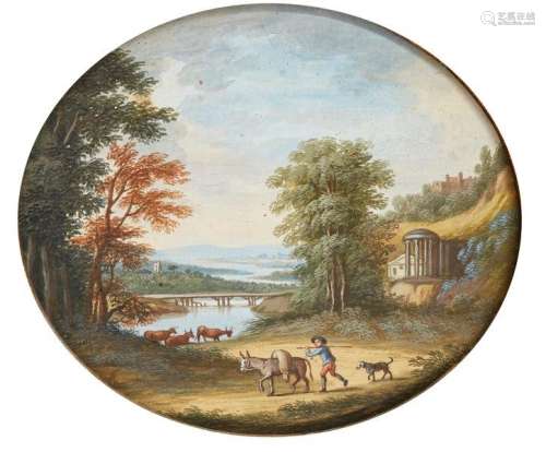 Manner of Gaspard Dughet, late 18th/early 19th century- Figure with a donkey and dog in an