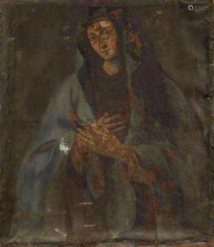 Italian School, 17th century- Portrait of a female Saint standing half-length in blue robes; oil