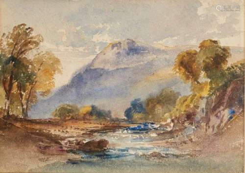 Circle of Peter de Wint OWS, British 1784-1849- River over rocky ground in mountainous landscape;