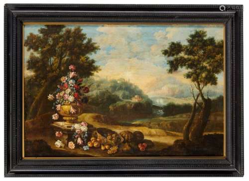 Giacomo Nani, Italian 1698-1770- Dead birds in wooded river landscape, two, and flowers and ducks in