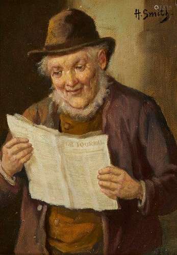 Hobbe Smith, Dutch 1862-1942- Man reading 'Le Journal'; oil on canvas, signed, 21x16cmPlease refer