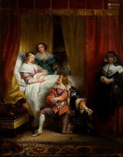 Herminie Deherain, French 1798-1839- Lady in her bedchamber with a suitor and attendants; oil on