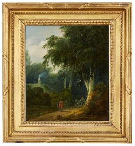 George Arnald ARA, British 1763-1841- Woodland path with horse-drawn cart and cottage beyond,