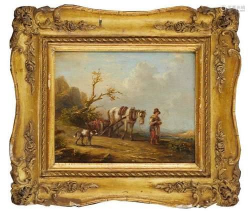 French School, late 18th/early 19th century- Girl leading a pack horse with a dog; oil on panel,