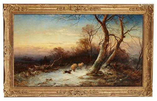 George Augustus Williams, British 1814-1901- Shepherd with sheep in a wooded winter landscape at the