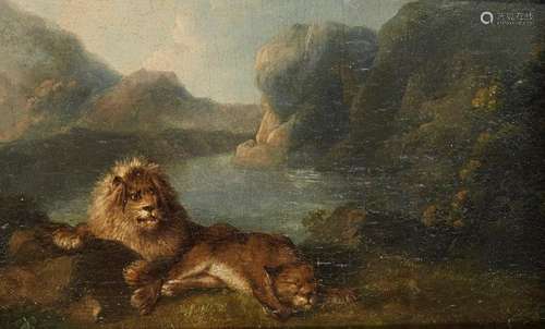 Charles Towne, British 1763-1840- Lions in a lakeside landscape; oil on panel, signed, 15.5x23.