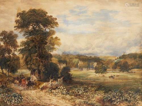 David Cox Jnr., British 1809-1885- View of Ruined Abbey adjacent Country House; watercolour, signed,