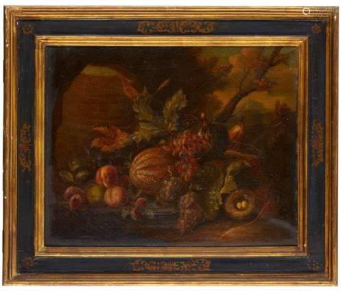 Italian School, late 19th/early 20th century- Still life with peaches, grapes, melon and three
