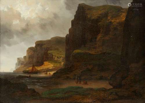 Raymond Eugene Goethals, French 1804-1864- Figures on a Normandy coastline; oil on canvas, signed,