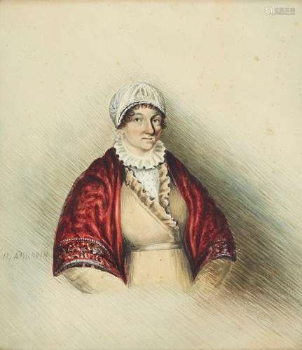 A Brown, British Provincial School, early-mid 19th century- Portrait of a woman in a red shawl,