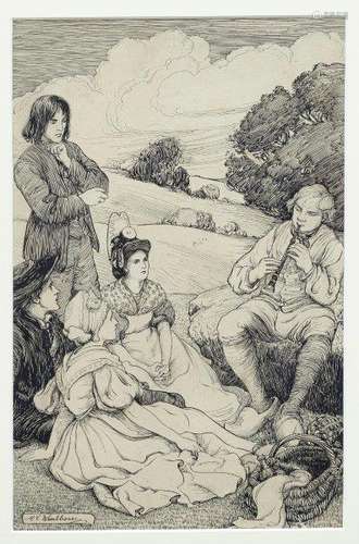 Mary V. Wheelhouse, British 1871-1946- Musical interlude during country picnic; pen and ink, signed,