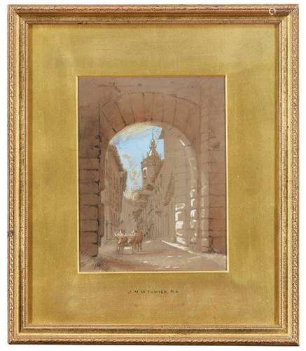 British School, early 19th century- Oxen and cart in a Spanish archway; pen and brown ink, black