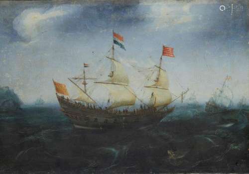 Circle of Hendrick Cornelisz Vroom, Dutch 1562-1640- A Dutch triple master on choppy waters with a