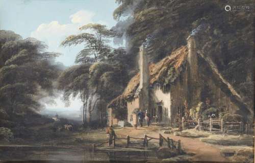 Thomas Walmsley, British 1763-1806- Cottage and figures in a forest clearing; bodycolour on paper,