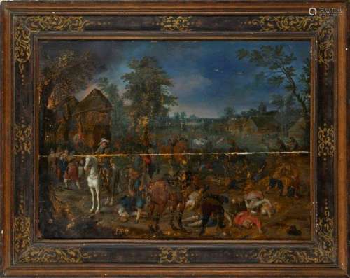 Sebastiaen Vrancx, Flemish 1573-1647- Soldiers raiding a village; oil on cradled panel, signed