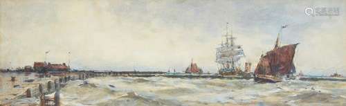 Frank Henry Mason RBA RI RSMA, British 1875-1965- Shipping off a pier; watercolour on paper,