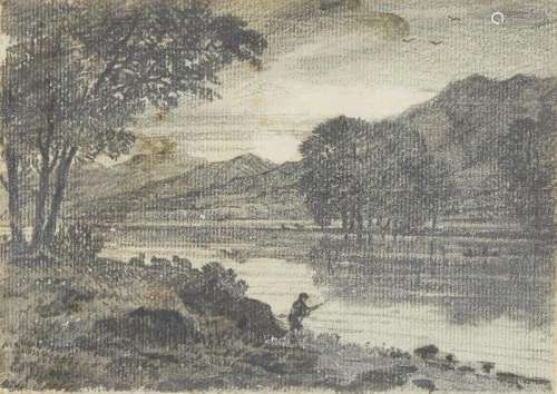 George Barret Jnr. OWS, British 1767-1842- An angler on a river bank; pencil on paper, 11.5x19cm