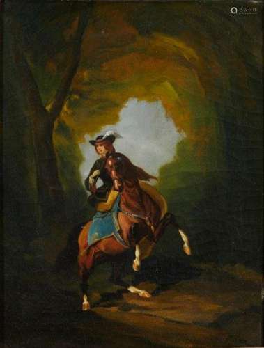French School, late 18th/early 19th century- Woman riding a rearing horse in a wooded landscape; oil