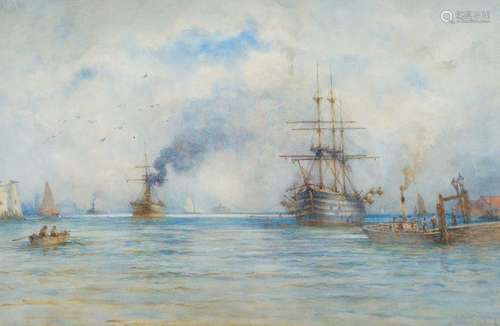 William Joy, British 1803-1867- HMS Vincent in Portsmouth Harbour; watercolour, signed with monogram