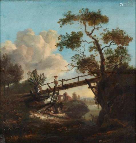 Follower of Jan Wijnants, Dutch 1632-1684- Figure on a wooden bridge with woodland and a river