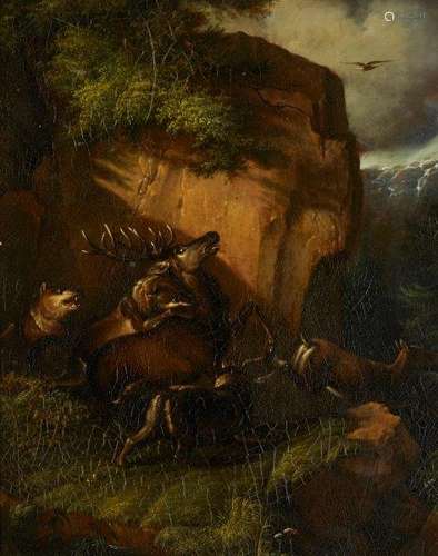 After Friedrich Gauermann, Austrian 1807-1862- Wolves Attacking a Stag and a Deer, 1857; oil on