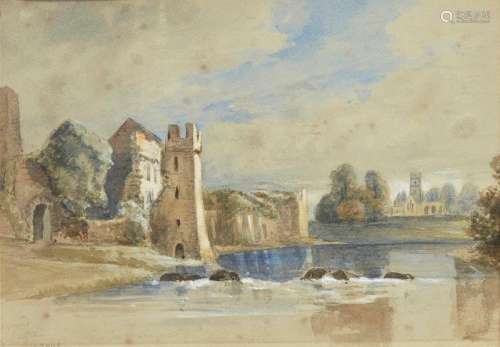 British School, 19th century- Desmond Castle, Adare; watercolour on grey coloured paper heightened