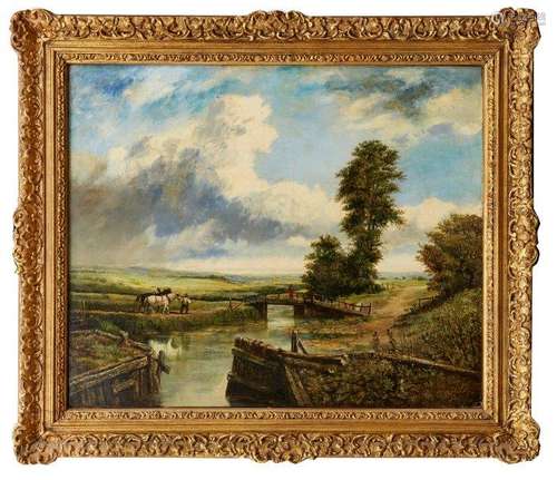 Circle of Frederick Waters Watts, British 1800-1870- Horses on a towpath pulling a narrowboat at a